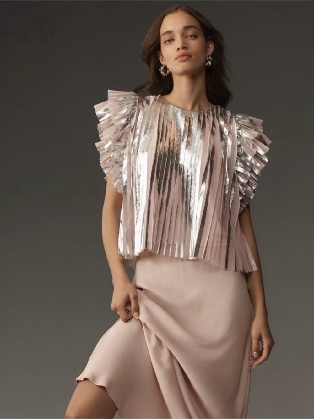 Anthropologie Metallic Blush Pleated Ruffle-Sleeve Top